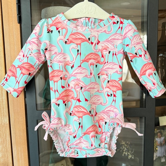 RuffleButts Vibrant Flamingo Long Sleeve One Piece Rash Guard ruffles baby girl - Picture 1 of 12